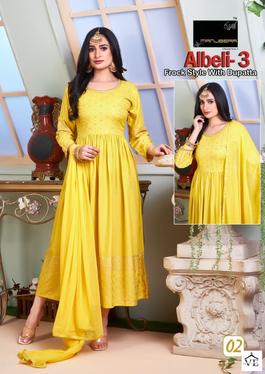 Manjeera Albeli Vol 3 Rayon Wholesale Gown With Dupatta Catalog Catalog — Wholesale Kurtis, MPA wholesale from Surat - Gallery Image 2