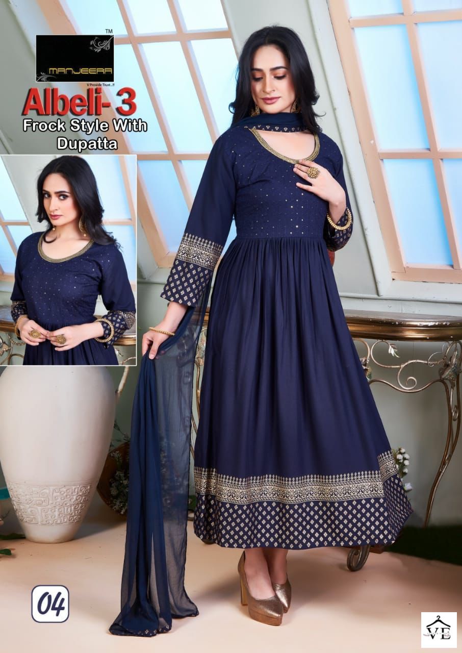 Manjeera Albeli Vol 3 Rayon Wholesale Gown With Dupatta Catalog Catalog — Wholesale Kurtis, MPA wholesale from Surat - Gallery Image 3