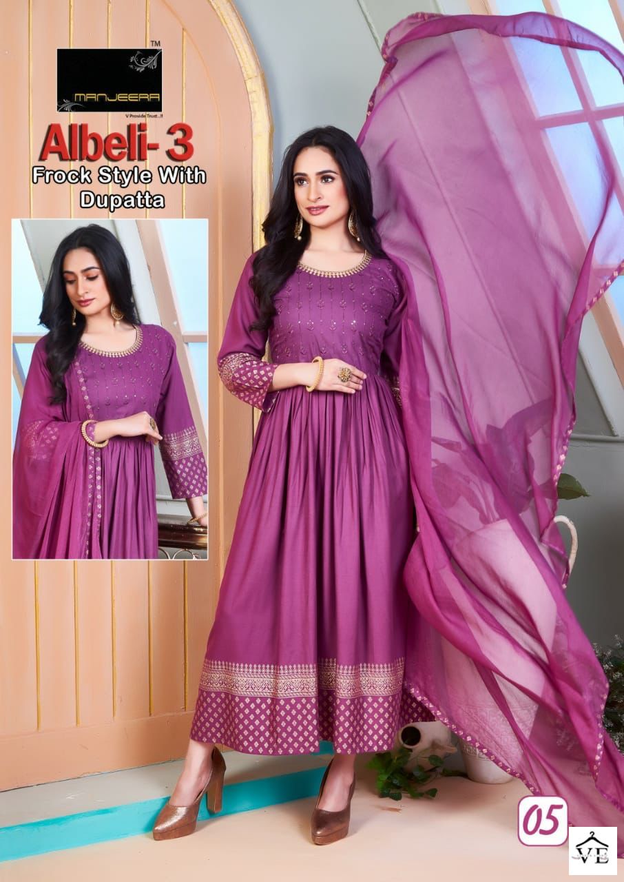 Manjeera Albeli Vol 3 Rayon Wholesale Gown With Dupatta Catalog Catalog — Wholesale Kurtis, MPA wholesale from Surat - Gallery Image 4