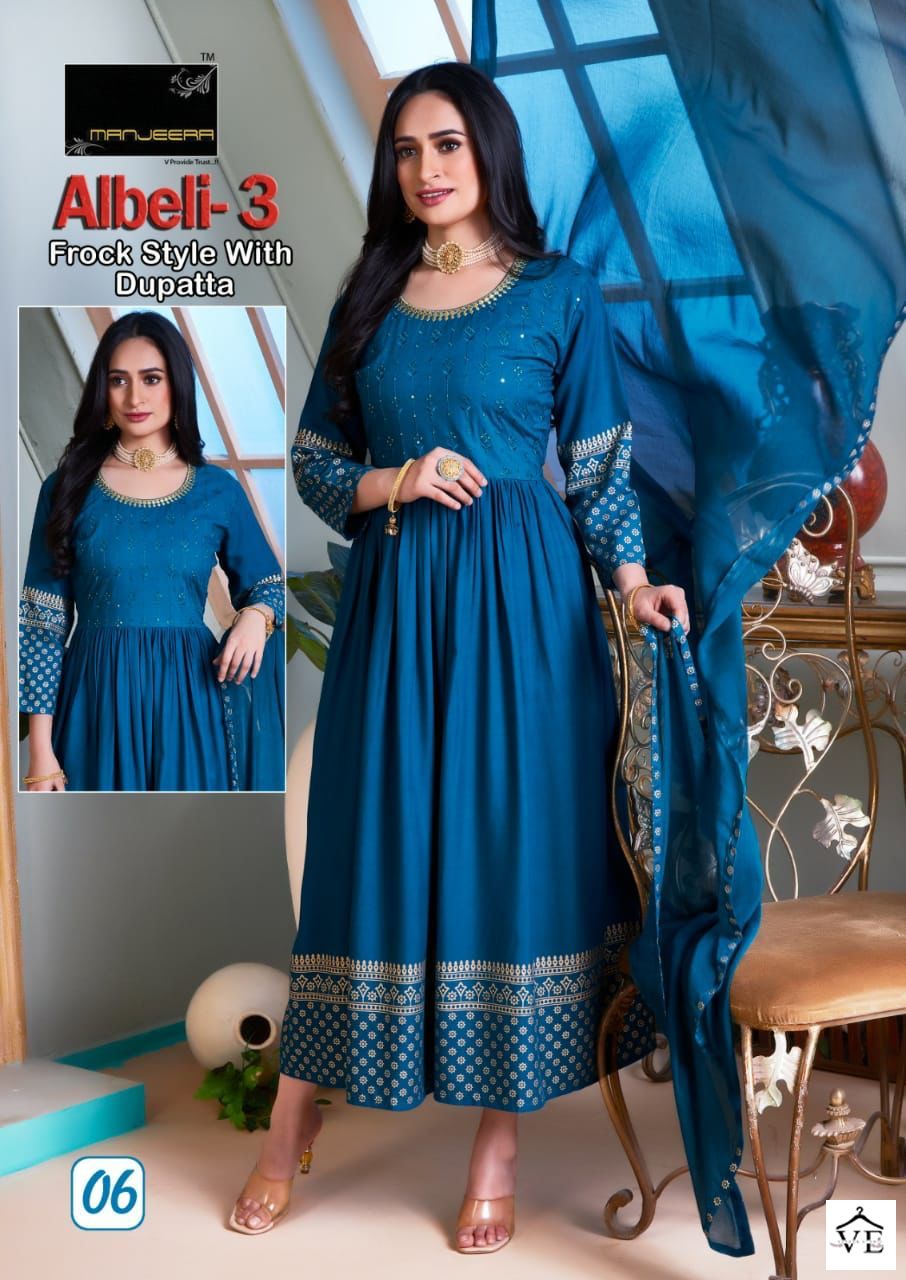 Manjeera Albeli Vol 3 Rayon Wholesale Gown With Dupatta Catalog Catalog — Wholesale Kurtis, MPA wholesale from Surat - Gallery Image 5