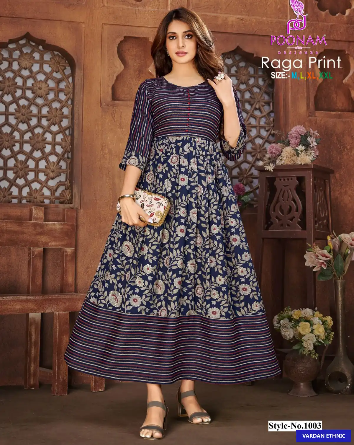 Poonam Designer Raga Print Rayon Two-Tone Wholesale Gown Catalog — Wholesale Kurtis, MPA wholesale from Surat — view 1
