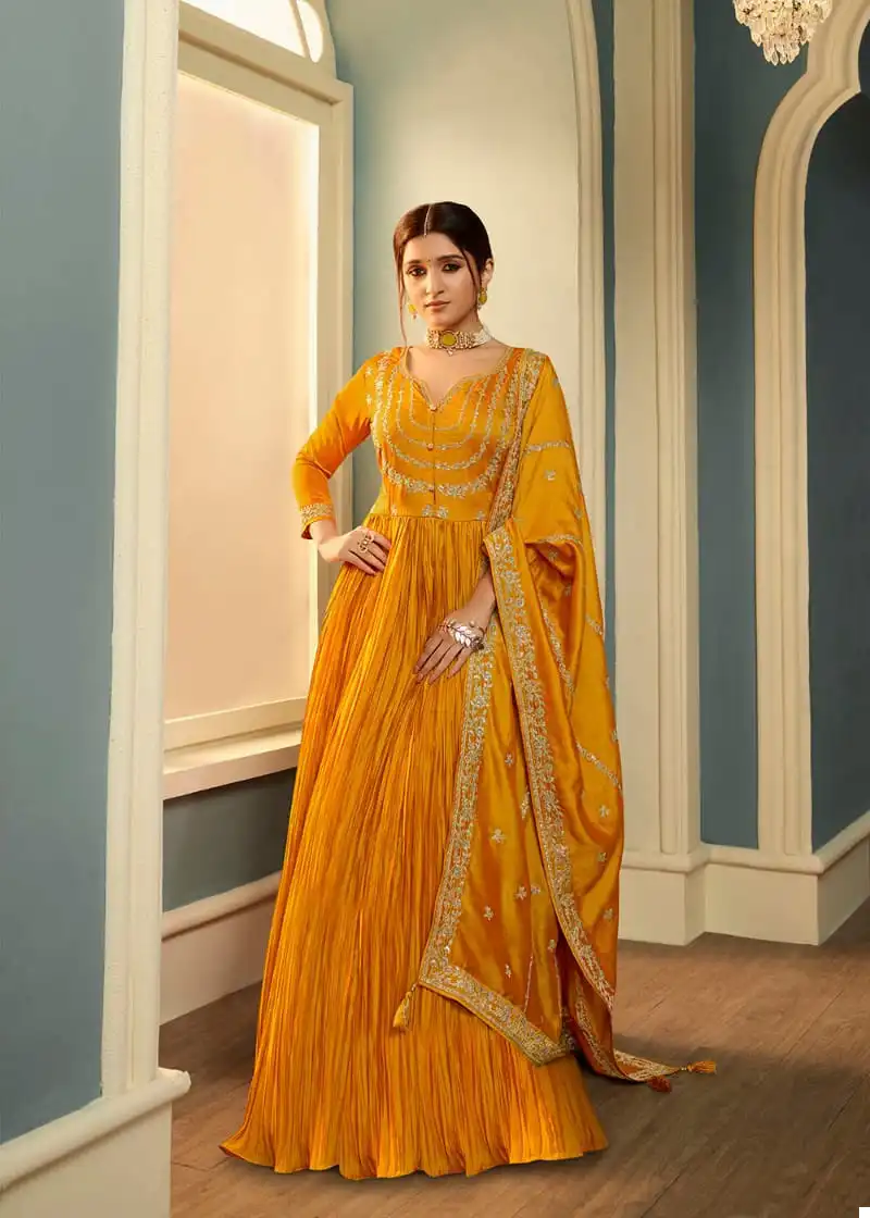 Vinay Tumbaa - Tamanna Crushed Silk Georgette Wholesale Gown With Dupatta Catalog — Wholesale Salwar Suits, MPA wholesale from Surat - Gallery Image 4