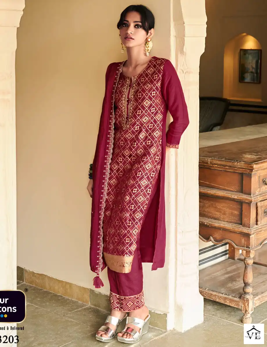 Four Buttons Banaras 3 Pure Dola Silk Wholesale Readymade Suits Catalog — Wholesale Salwar Suits, MPA wholesale from Surat — view 1