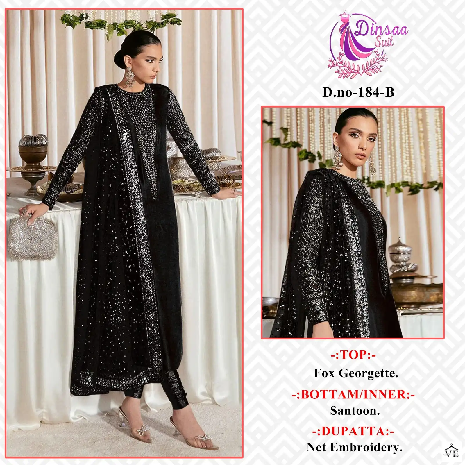 Dinsaa Dno 184 Georgette Wholesale Pakistani Suit Catalog — Wholesale Salwar Suits, MPA wholesale from Surat - Gallery Image 2