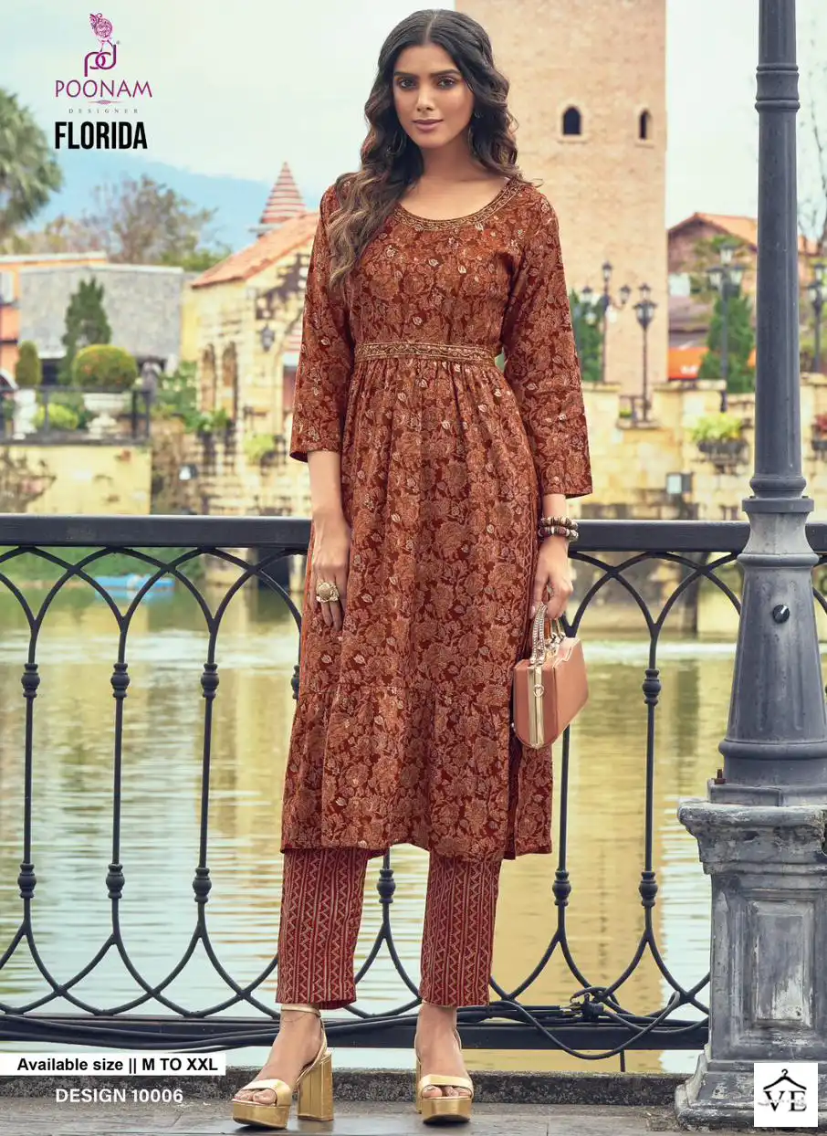 Poonam Designer Florida Pure Viscose Wholesale Nayra Cut Kurti Pant Catalog — Wholesale Kurtis, MPA wholesale from Surat — view 1