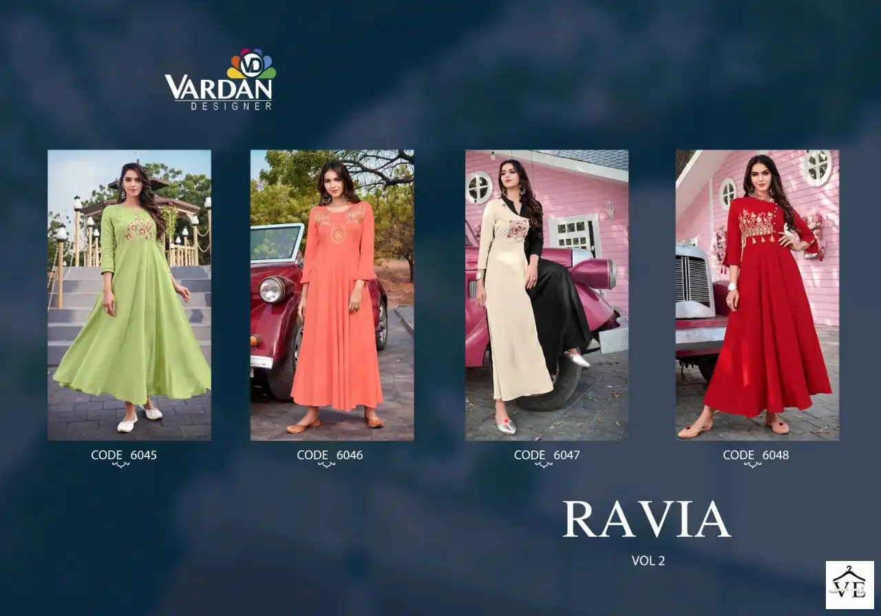 Vardan Designer Ravia Vol-2 14Kg Heavy Rayon Wholesale Long Kurti Catalog — Wholesale Kurtis, MPA wholesale from Surat — view 5