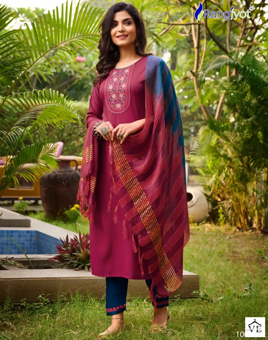 Rangjyot Veena Vol-1 Dobby Rayon Wholesale Readymade Suit Catalog — Wholesale Salwar Suits, MPA wholesale from Surat — view 1