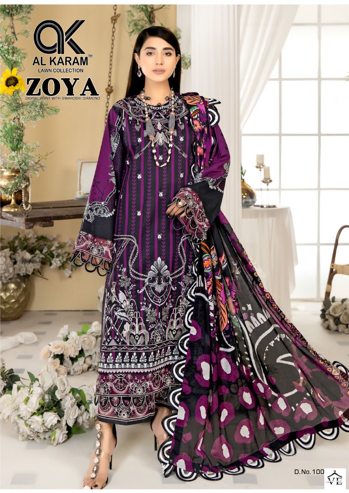 Al Karam Zoya Digital Print With Swaroski Diamond Cotton Wholesale Pakistani Salwar Suit Catalog — Wholesale Salwar Suits, Alkaram wholesale from Surat — view 3