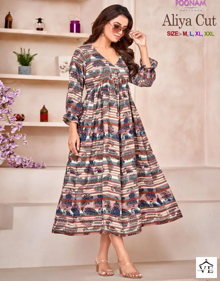 Poonam Designer Aliya Cut Rayon Wholesale Gown Catalog — Wholesale Kurtis, MPA wholesale from Surat — view 1