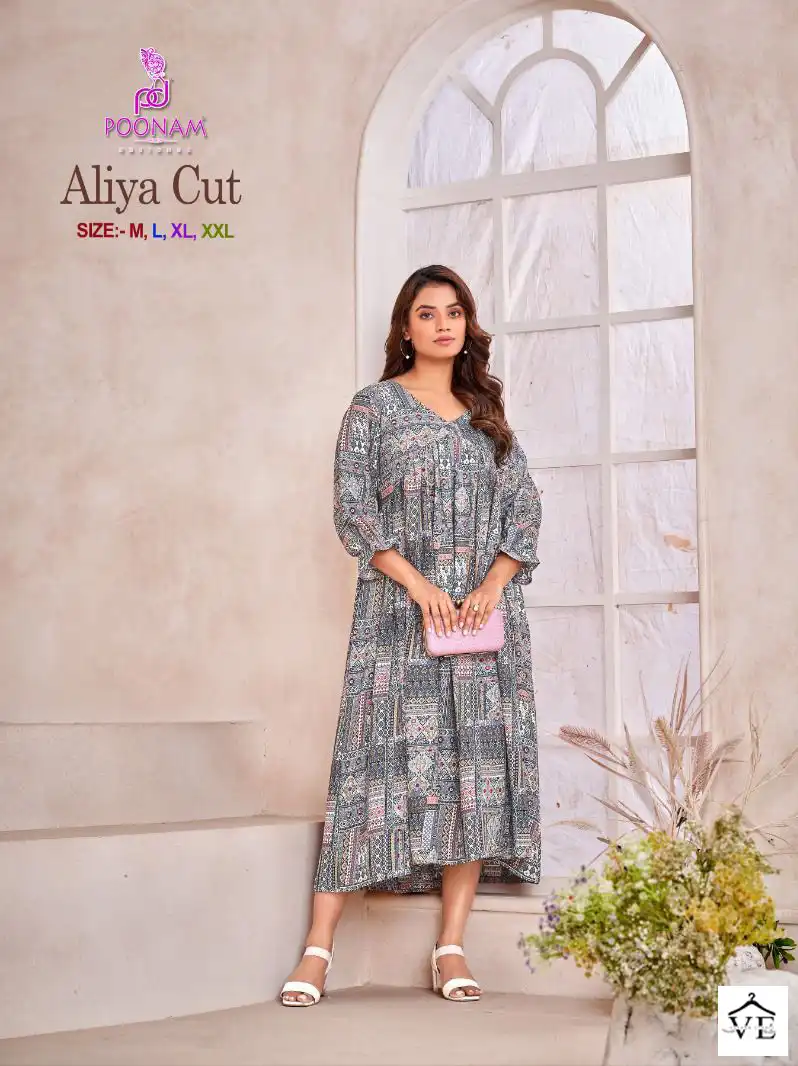 Poonam Designer Aliya Cut Rayon Wholesale Gown Catalog — Wholesale Kurtis, MPA wholesale from Surat — view 2