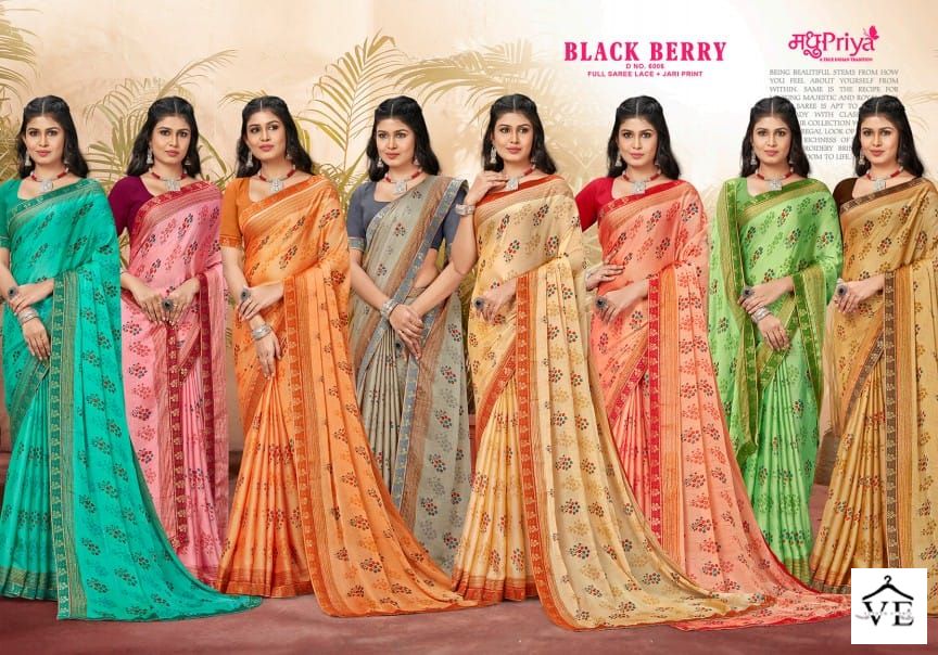 Madhupriya Black Berry D.No 6006 P C Moss Chiffon Wholesale Sarees Catalog — Wholesale Sarees, MPA wholesale from Surat — view 9