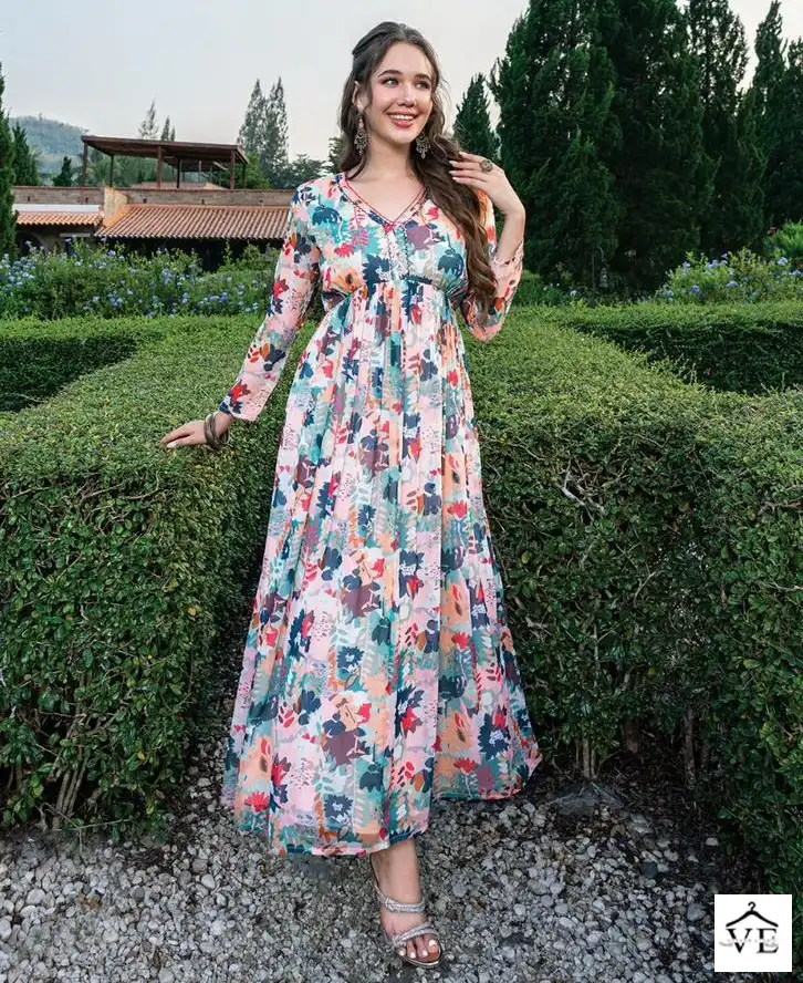 Anju Fabrics Flora Vol 2 Premium Chiffon Wholesale One Piece Flared Dresses Catalog — Wholesale Kurtis, MPA wholesale from Surat — view 1