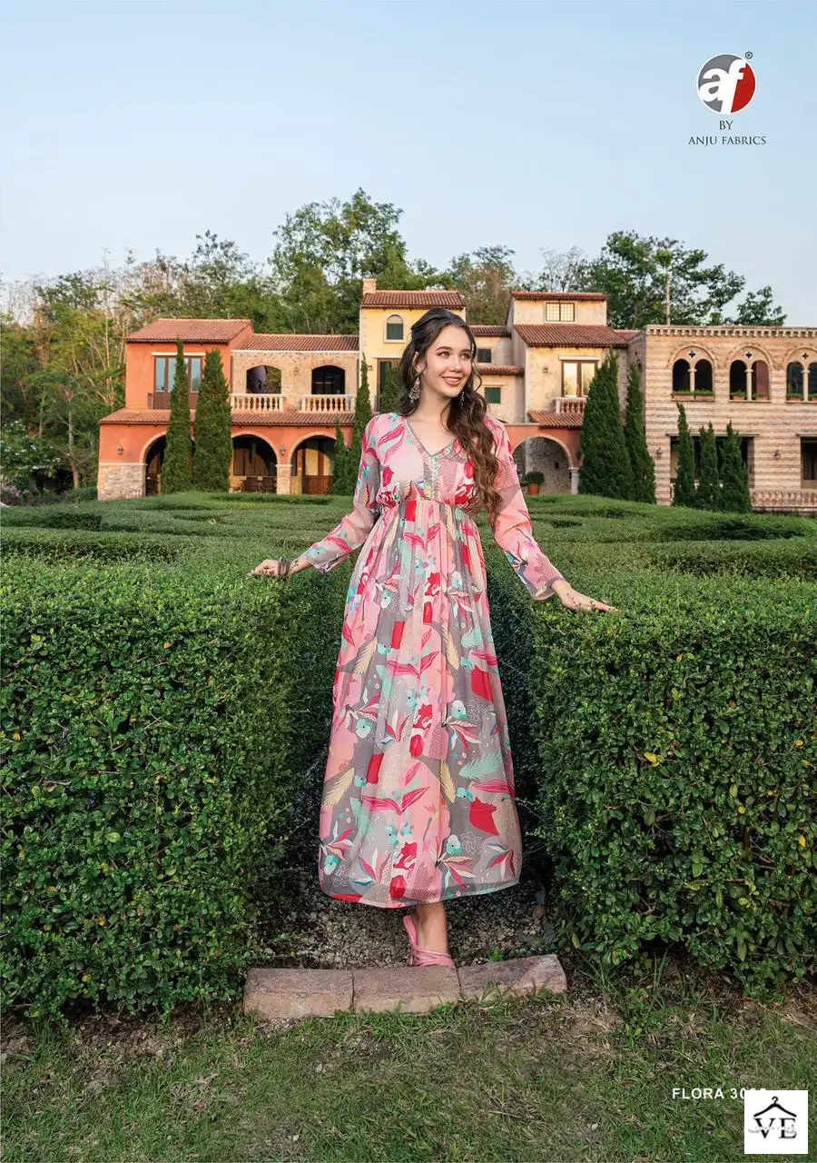 Anju Fabrics Flora Vol 2 Premium Chiffon Wholesale One Piece Flared Dresses Catalog — Wholesale Kurtis, MPA wholesale from Surat - Gallery Image 2