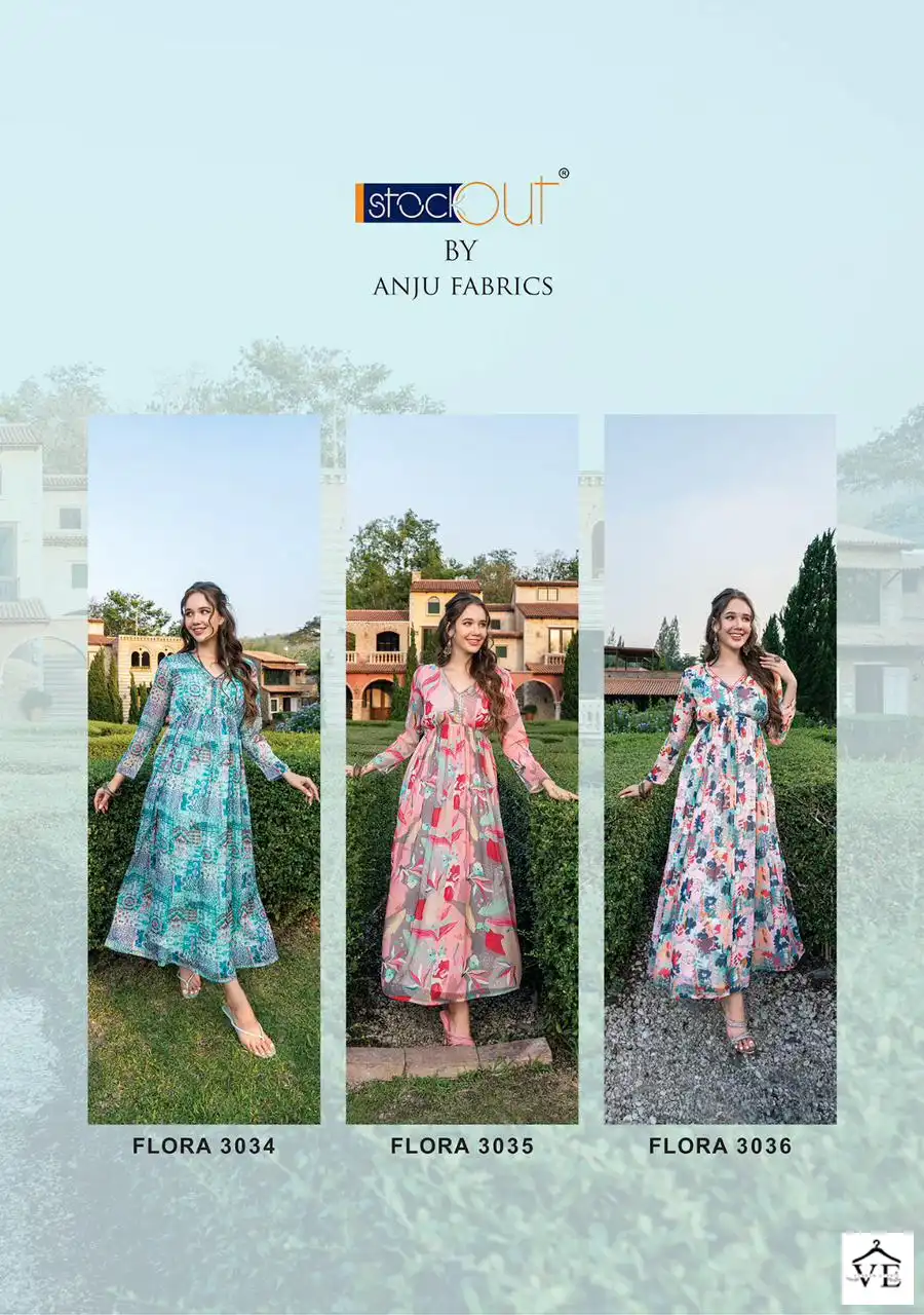 Anju Fabrics Flora Vol 2 Premium Chiffon Wholesale One Piece Flared Dresses Catalog — Wholesale Kurtis, MPA wholesale from Surat — view 6