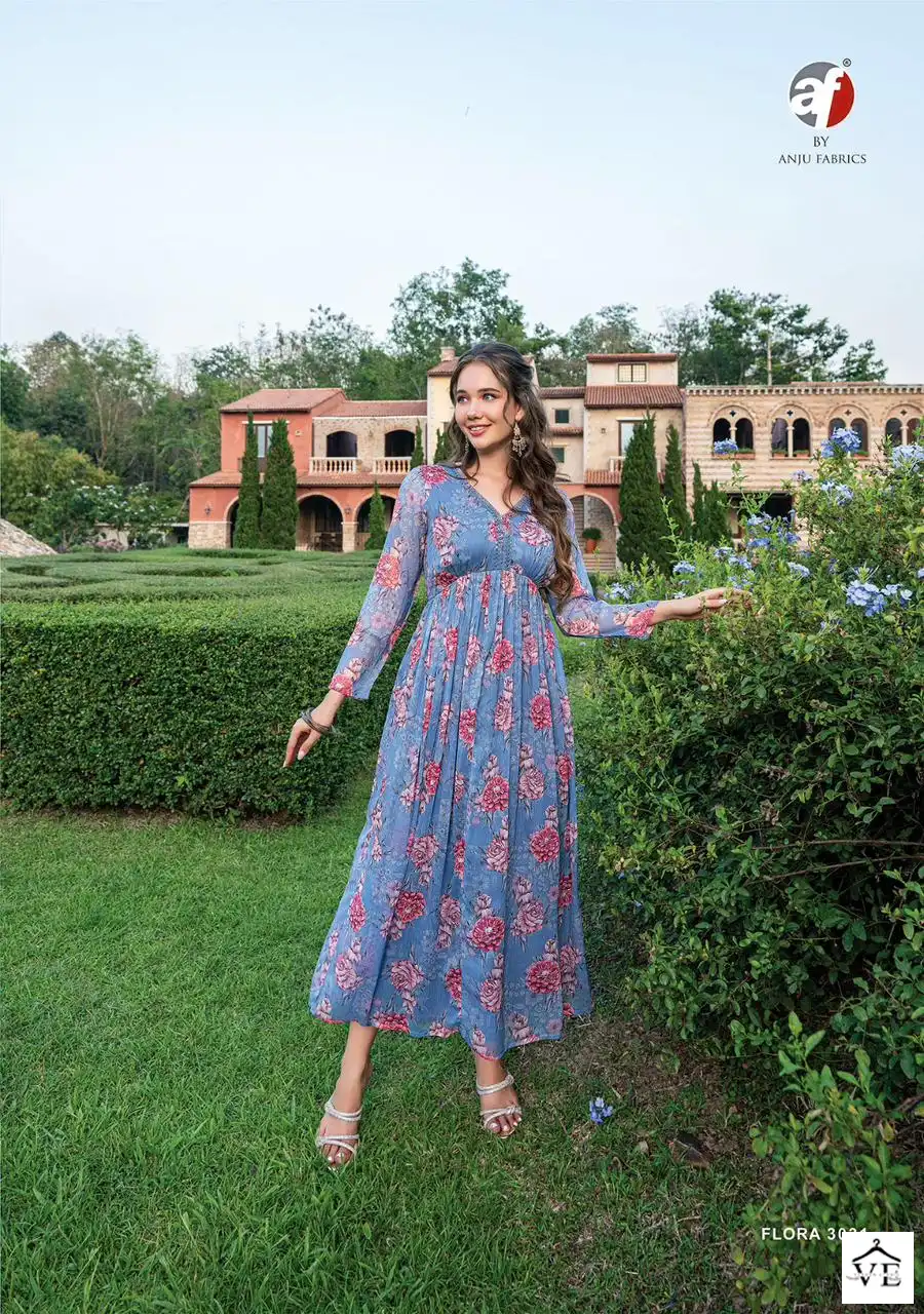 Anju Fabrics Flora Vol 2 Premium Chiffon Wholesale One Piece Flared Dresses Catalog — Wholesale Kurtis, MPA wholesale from Surat - Gallery Image 3