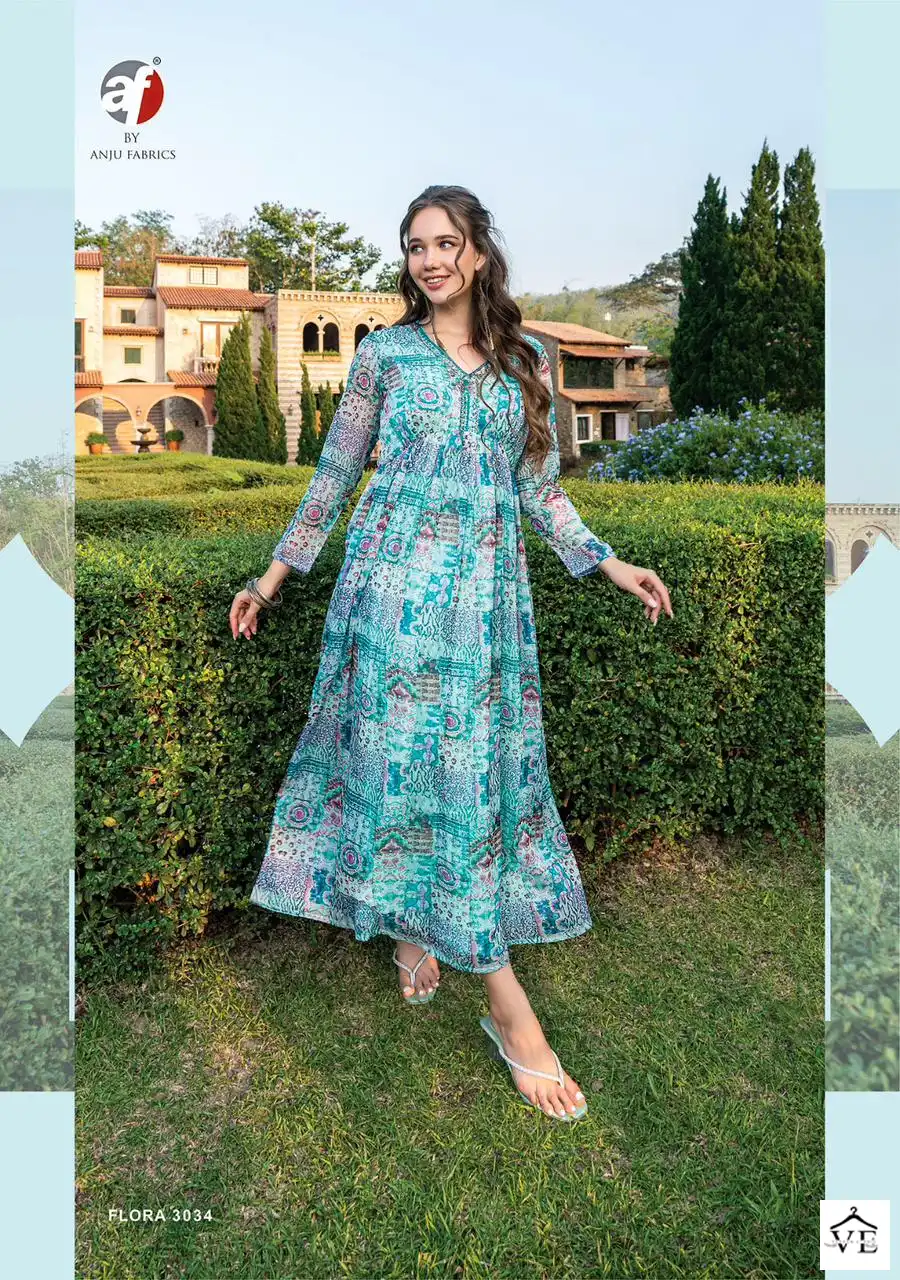 Anju Fabrics Flora Vol 2 Premium Chiffon Wholesale One Piece Flared Dresses Catalog — Wholesale Kurtis, MPA wholesale from Surat - Gallery Image 4