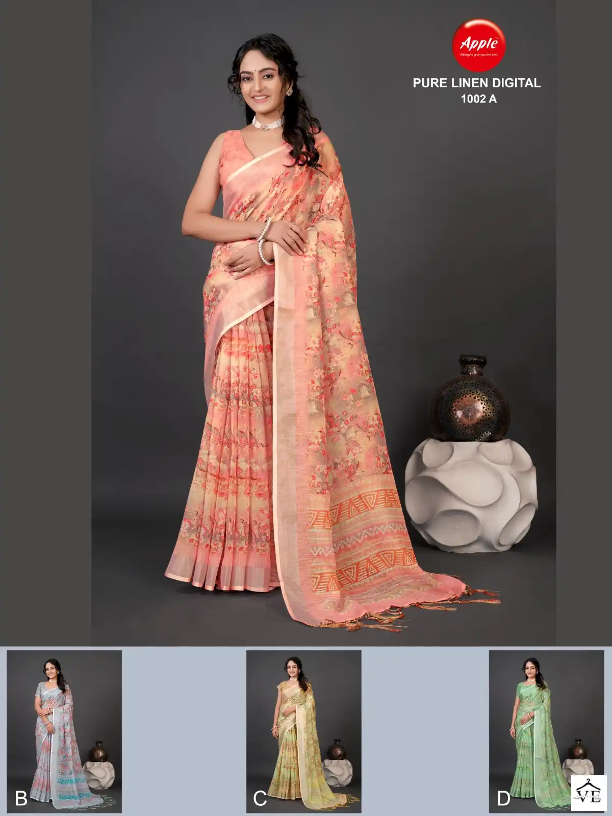 Apple Digital-1002 Pure Linen Wholesale Saree Catalog — Wholesale Sarees, MPA wholesale from Surat — view 5