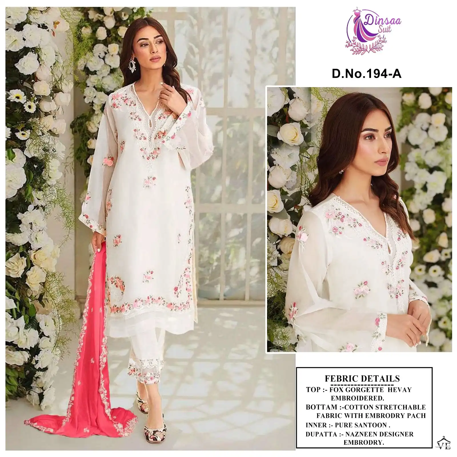 Dinsaa 194 Faux Georgette Wholesale Pakistani Readymade Salwar Suit Catalog — Wholesale Salwar Suits, MPA wholesale from Surat - Gallery Image 2