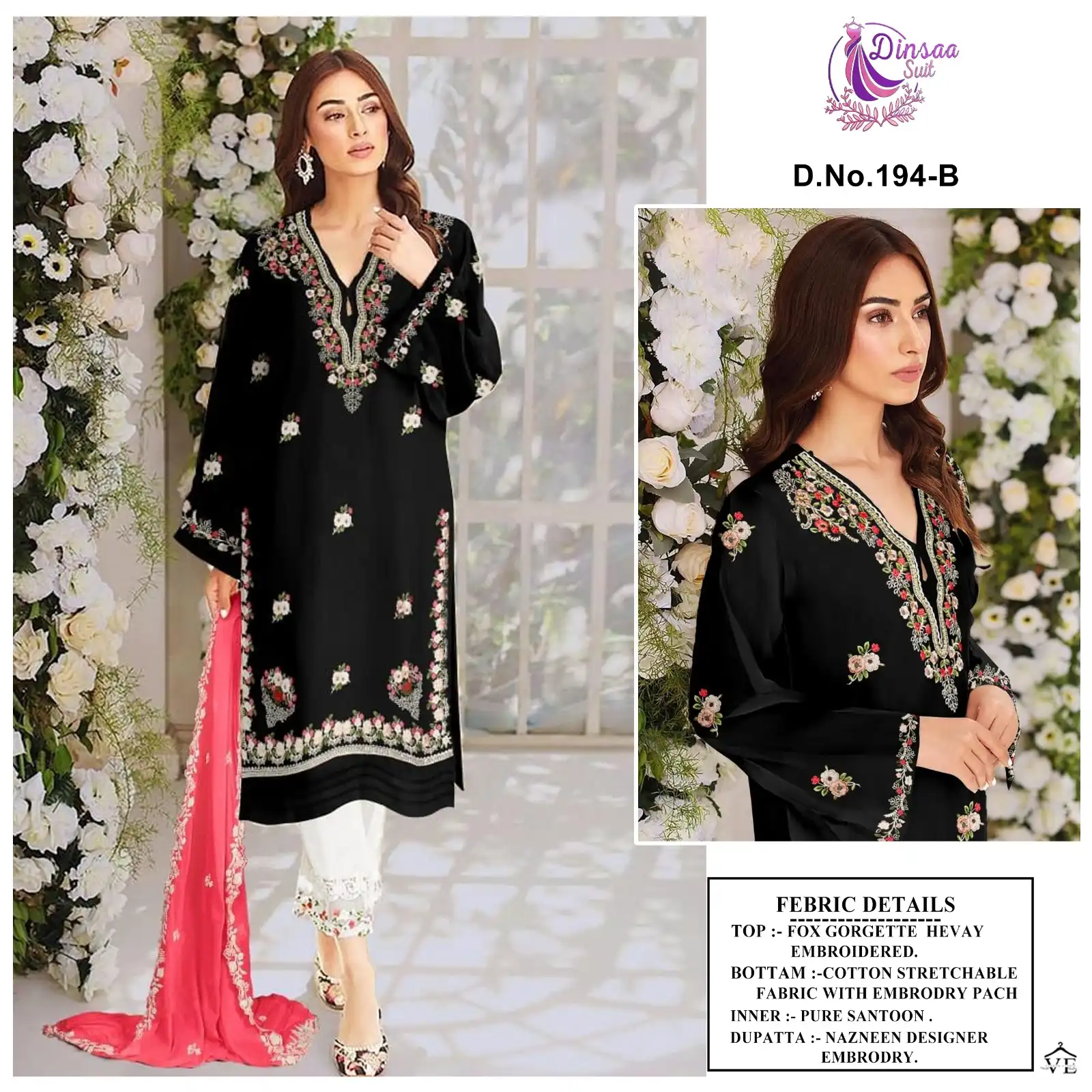 Dinsaa 194 Faux Georgette Wholesale Pakistani Readymade Salwar Suit Catalog — Wholesale Salwar Suits, MPA wholesale from Surat - Gallery Image 3