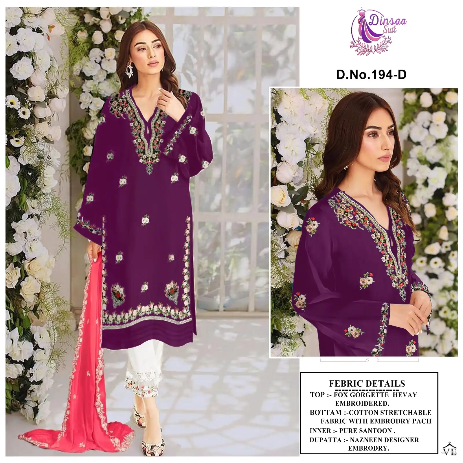 Dinsaa 194 Faux Georgette Wholesale Pakistani Readymade Salwar Suit Catalog — Wholesale Salwar Suits, MPA wholesale from Surat - Gallery Image 5
