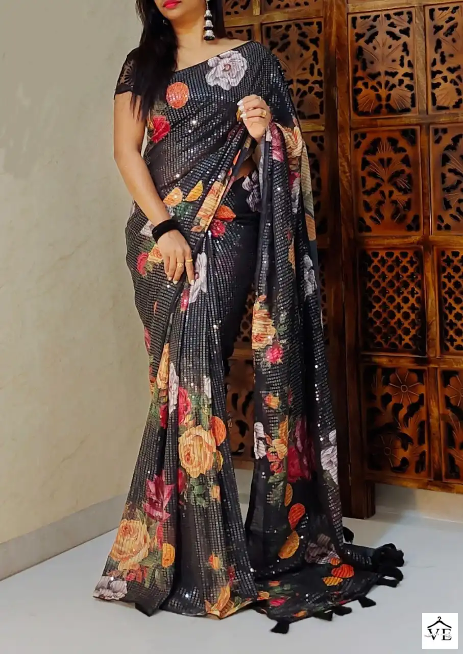 Vardan Ethnic Black Thread Premiuim Georgette Wholesale Sarees Catalog — Wholesale Sarees, MPA wholesale from Surat - Gallery Image 2