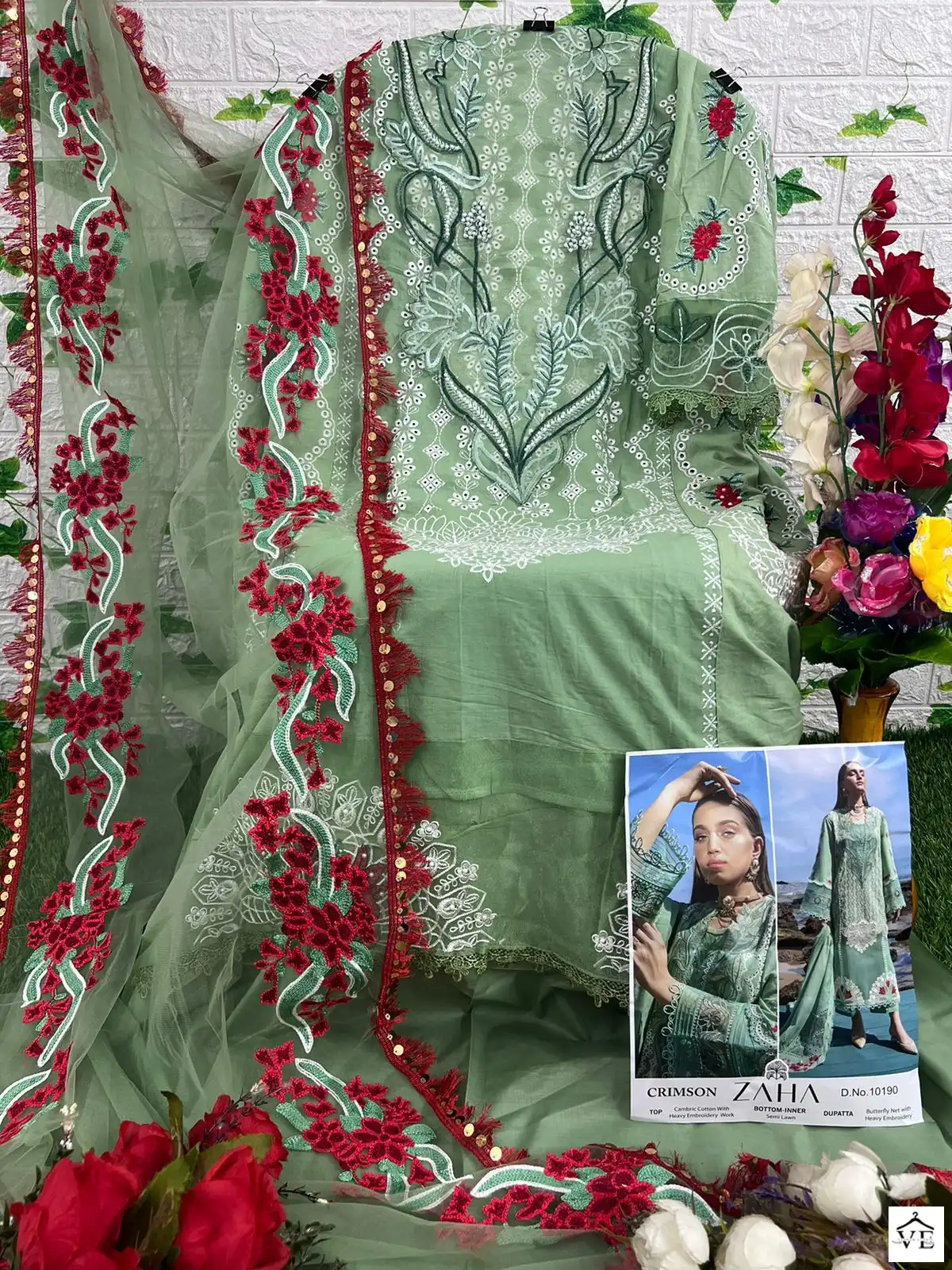 Zaha Crimson 10190 Pure Cambric Cotton Wholesale Pakistani Salwar Suit — Wholesale Salwar Suits, MPA wholesale from Surat - Gallery Image 2