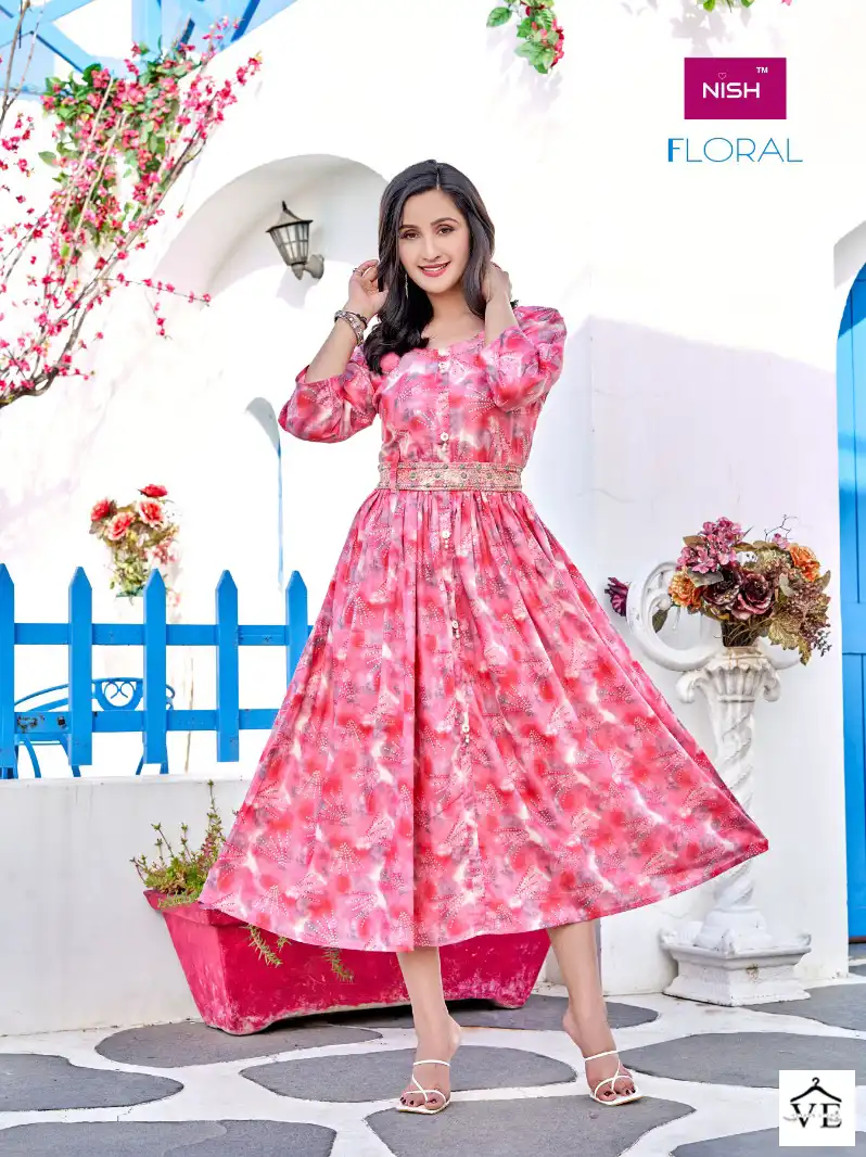 Vardan Ethnic Floral Heavy Mal Foil Print Wholesale Long Kurtis Catalog — Wholesale Kurtis, MPA wholesale from Surat - Gallery Image 2