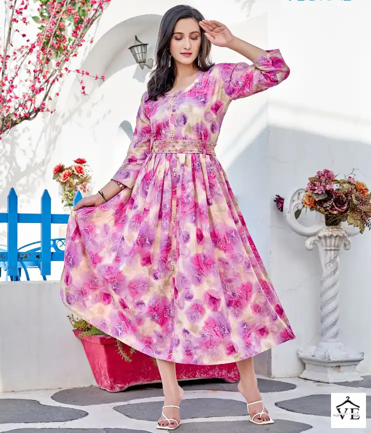 Vardan Ethnic Floral Heavy Mal Foil Print Wholesale Long Kurtis Catalog — Wholesale Kurtis, MPA wholesale from Surat — view 1