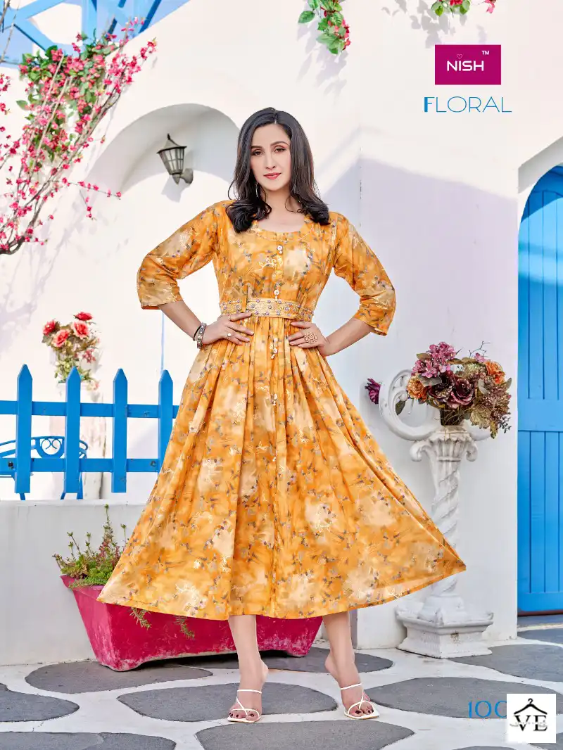 Vardan Ethnic Floral Heavy Mal Foil Print Wholesale Long Kurtis Catalog — Wholesale Kurtis, MPA wholesale from Surat - Gallery Image 4