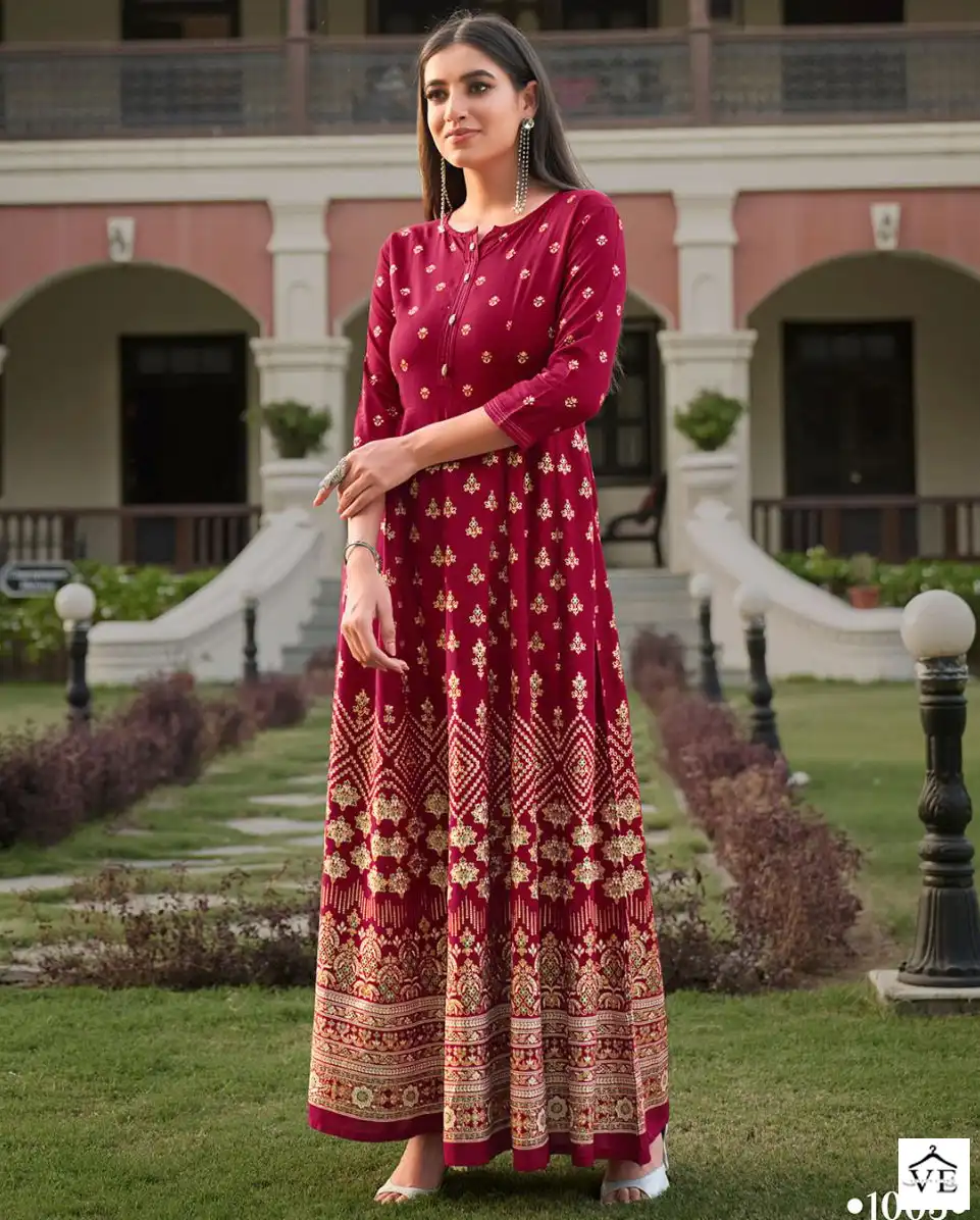 Vitara Fashion Rangmanch Heavy Rayon Wholesale Long Gown Catalog — Wholesale Kurtis, MPA wholesale from Surat — view 1