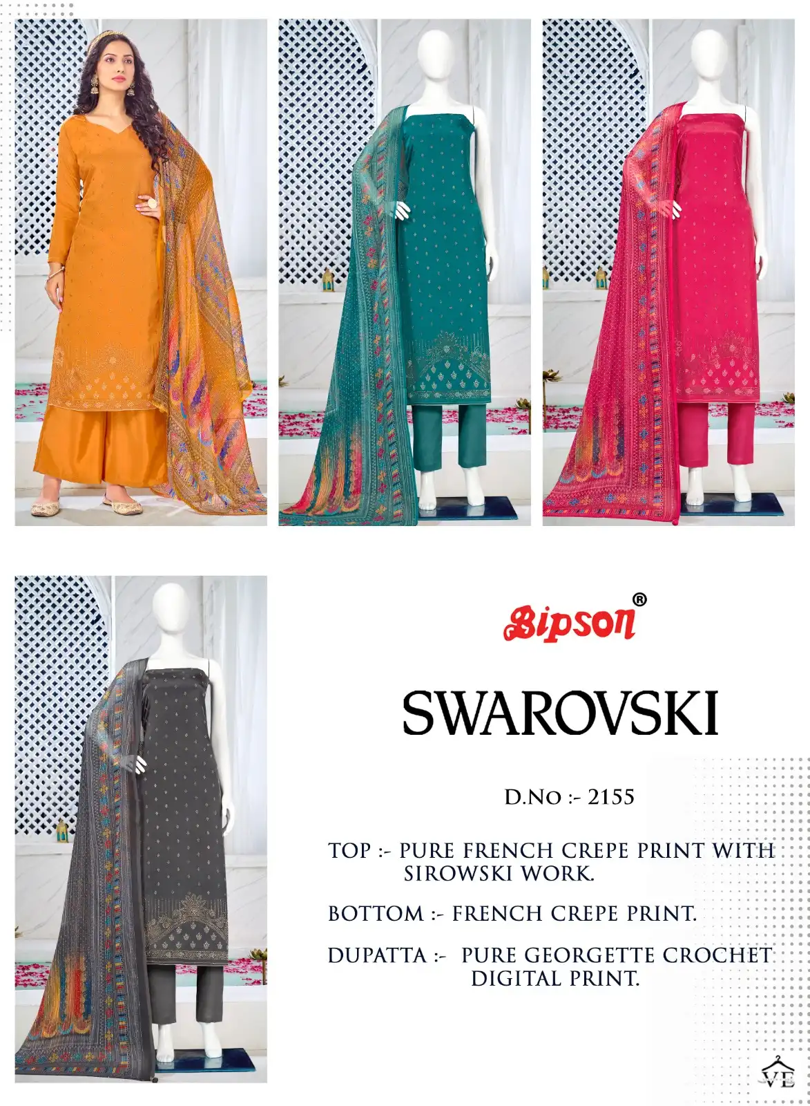 Bipson Swarovski 2155 Pure French Creape Wholesale Salwar Suit Catalog — Wholesale Salwar Suits, MPA wholesale from Surat — view 5