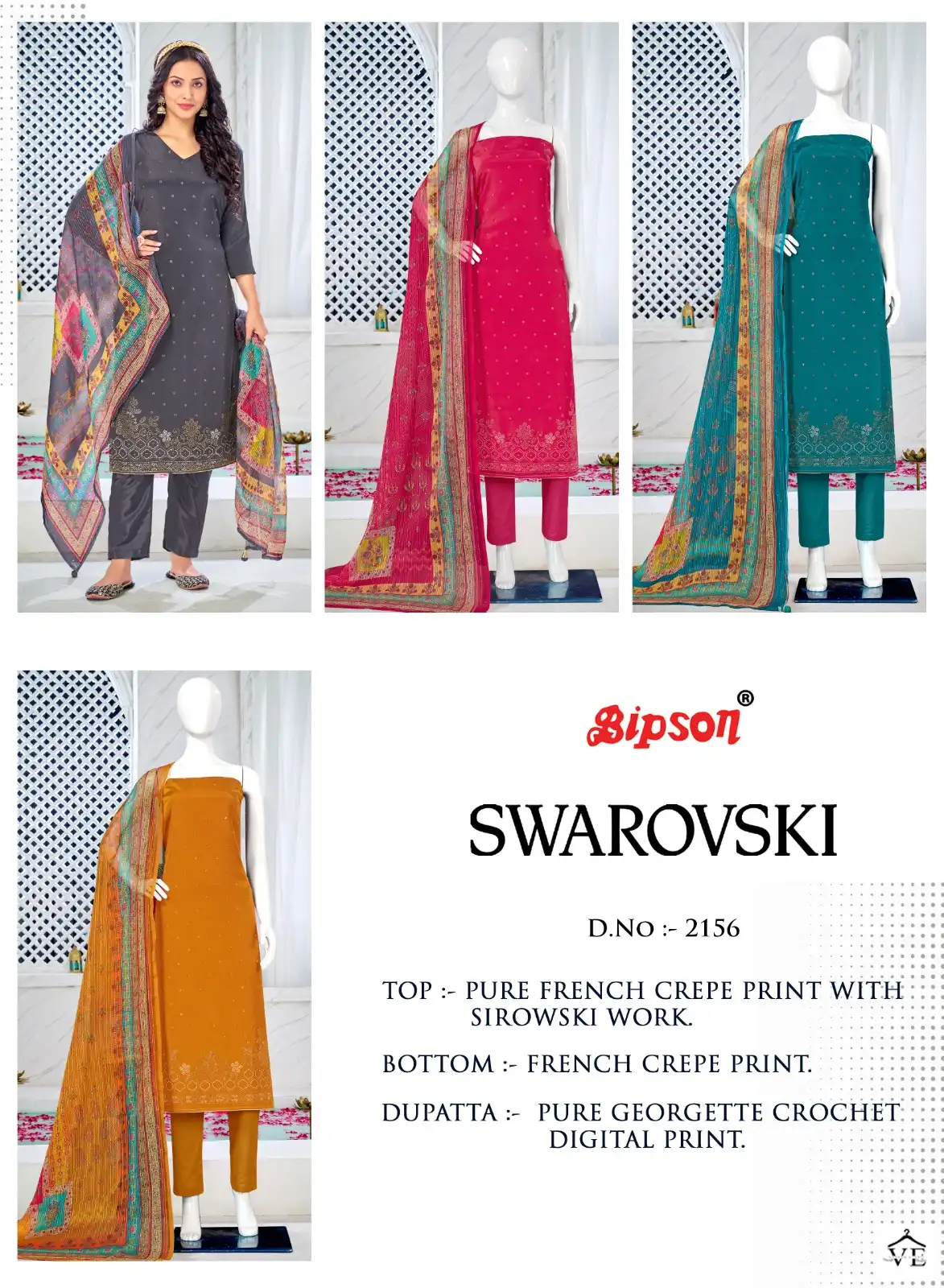 Bipson Swarovski 2156 Pure French Creape Wholesale Salwar Suit Catalog — Wholesale Salwar Suits, MPA wholesale from Surat — view 5