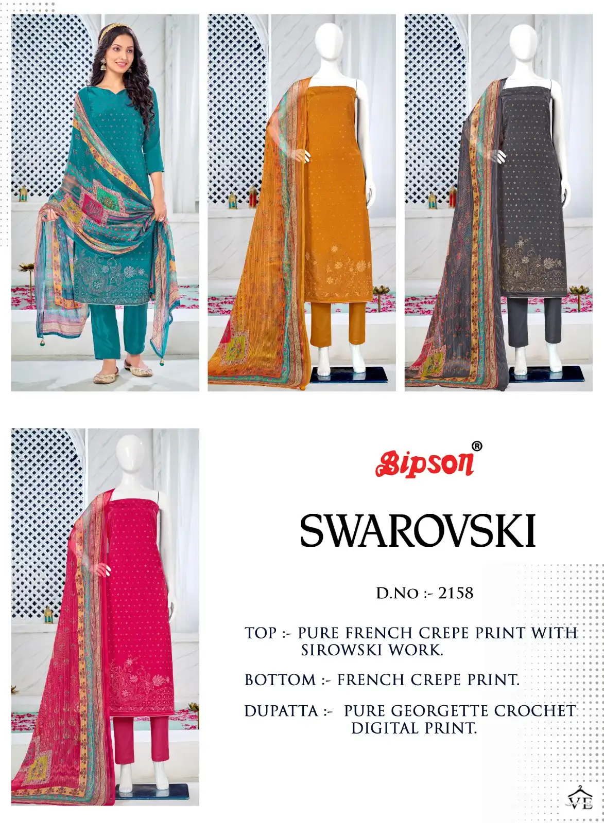 Bipson Swarovski 2158 Pure French Creape Wholesale Salwar Suit Catalog — Wholesale Salwar Suits, MPA wholesale from Surat — view 5