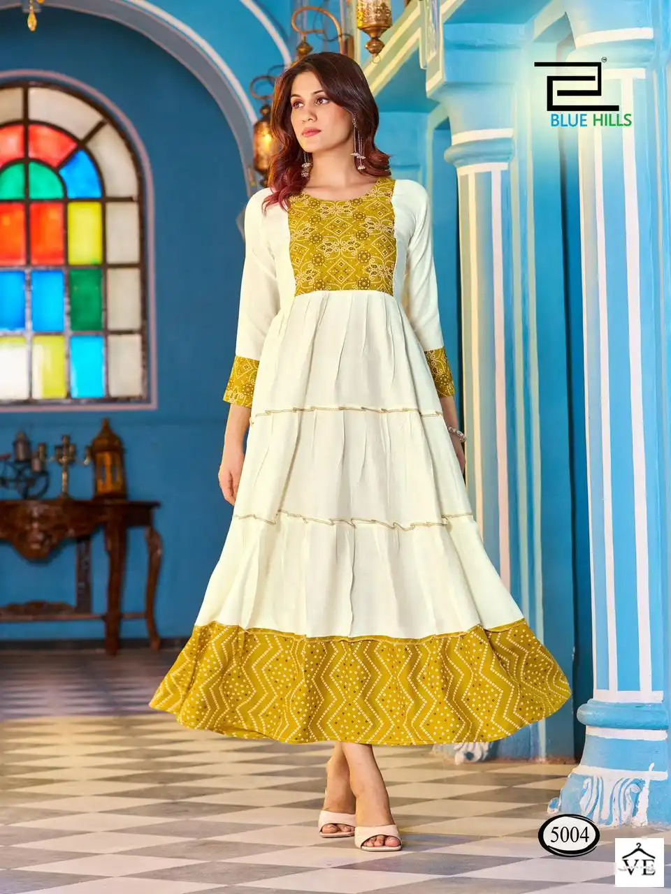 Blue Hills Snow White Rayon 14Kg Wholesale Long Frill Gown Catalog — Wholesale Kurtis, MPA wholesale from Surat - Gallery Image 5
