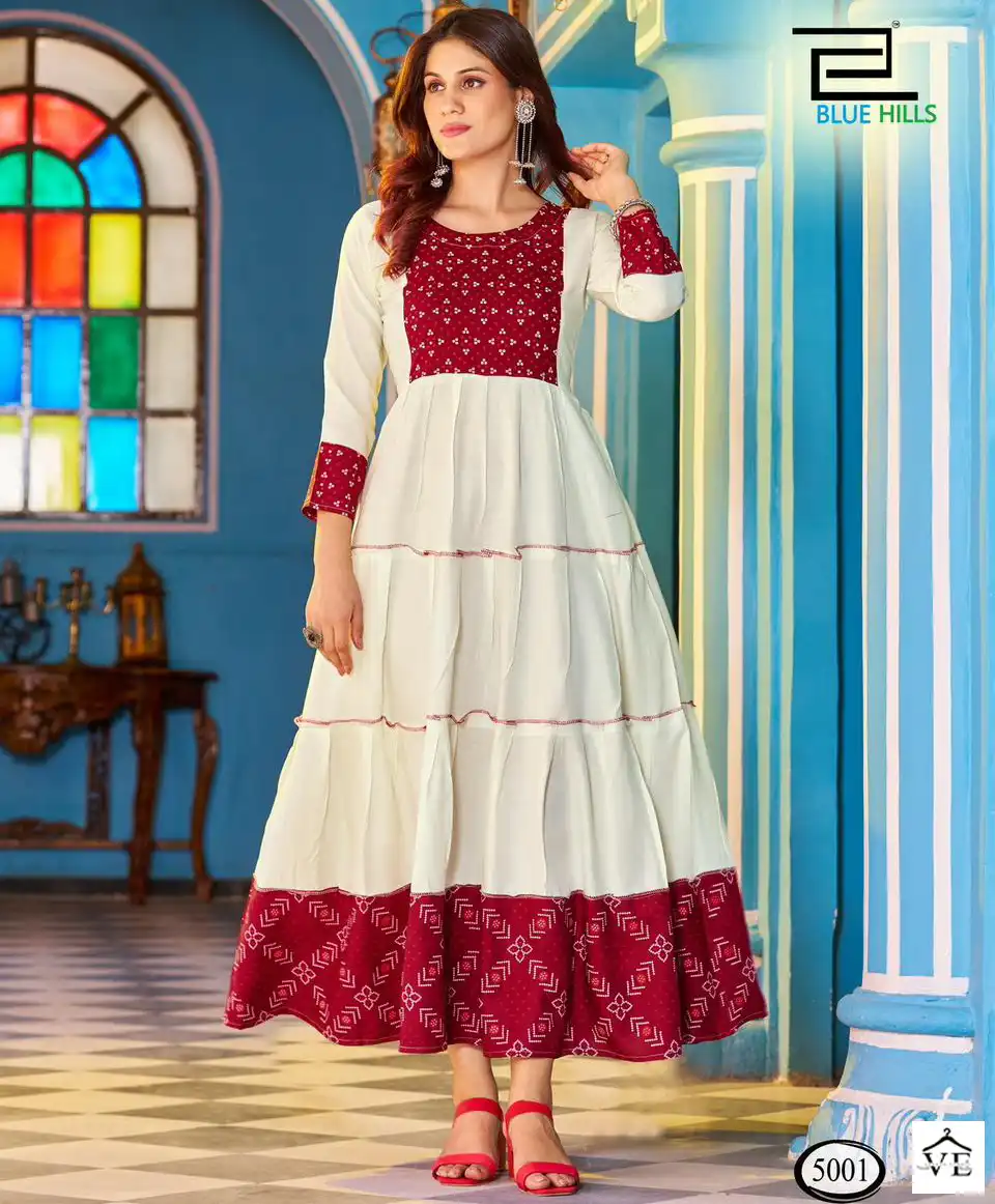 Blue Hills Snow White Rayon 14Kg Wholesale Long Frill Gown Catalog — Wholesale Kurtis, MPA wholesale from Surat — view 1