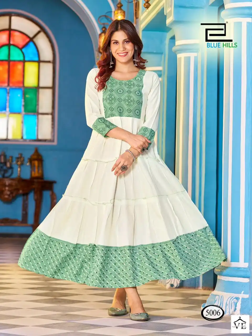 Blue Hills Snow White Rayon 14Kg Wholesale Long Frill Gown Catalog — Wholesale Kurtis, MPA wholesale from Surat - Gallery Image 6