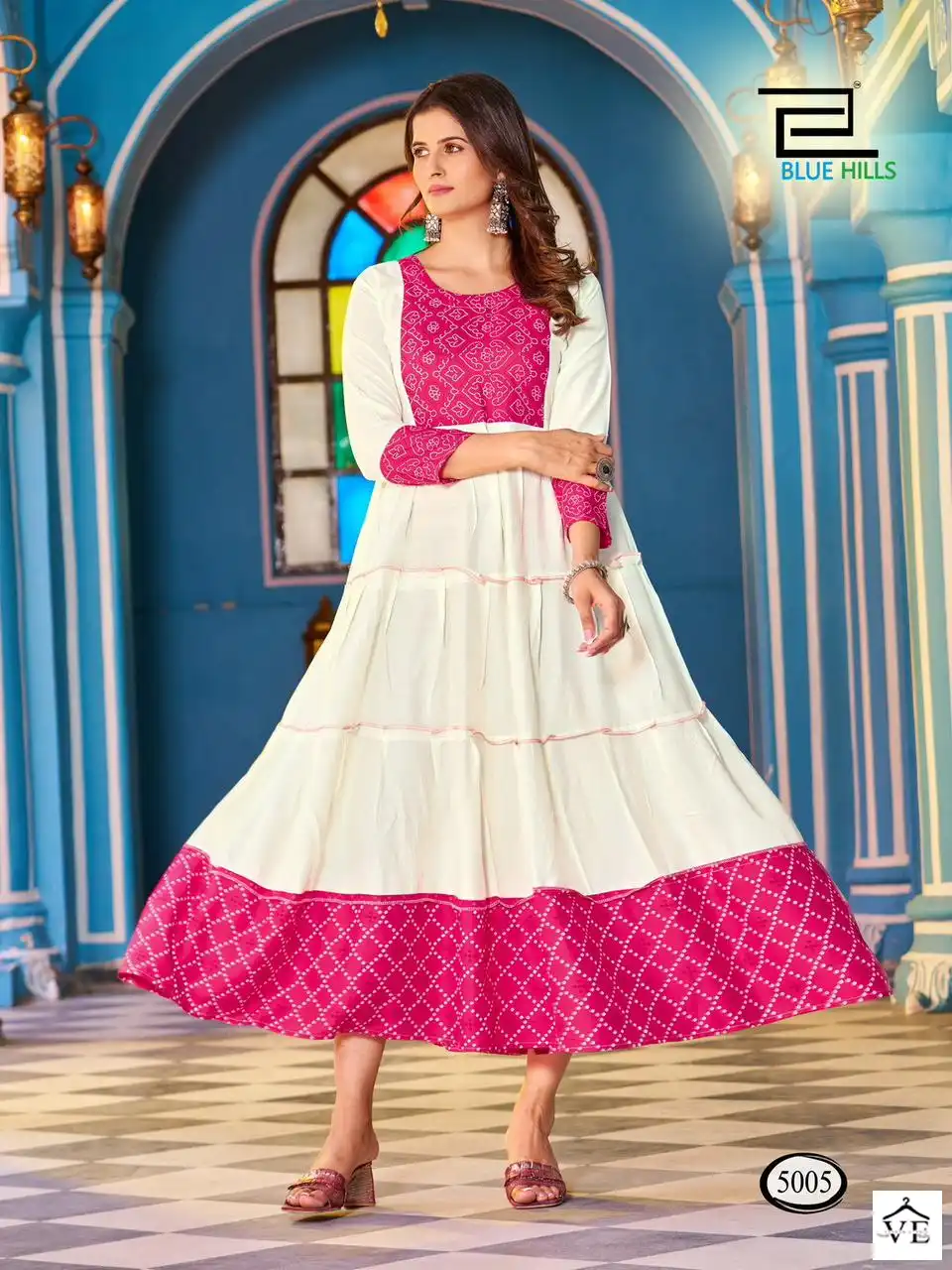 Blue Hills Snow White Rayon 14Kg Wholesale Long Frill Gown Catalog — Wholesale Kurtis, MPA wholesale from Surat - Gallery Image 7