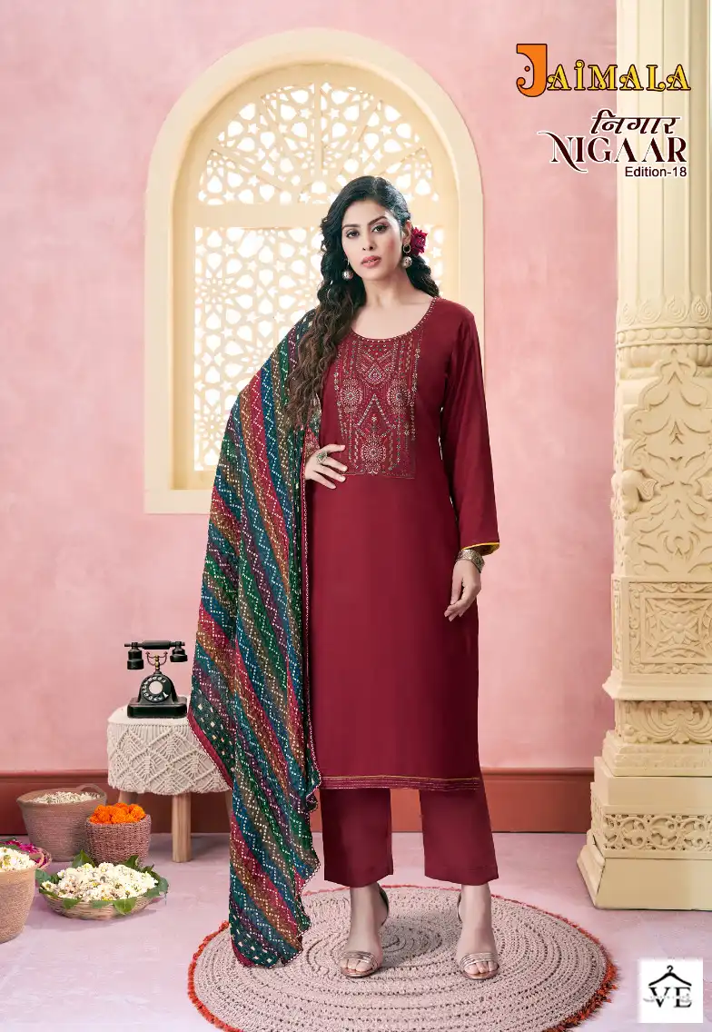 Alok Suits Jaimala Nigaar Vol 18 Pure Rayon Slub Wholesale Salwar Suit Catalog — Wholesale Salwar Suits, MPA wholesale from Surat - Gallery Image 5