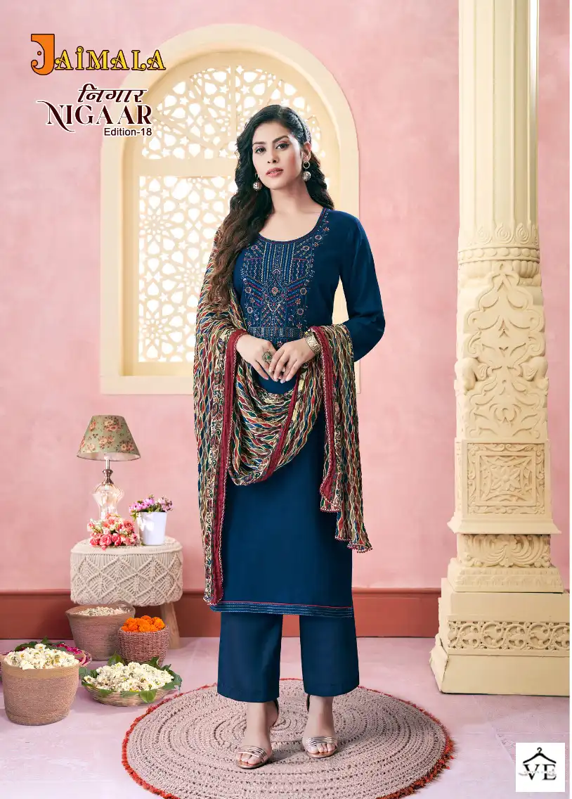 Alok Suits Jaimala Nigaar Vol 18 Pure Rayon Slub Wholesale Salwar Suit Catalog — Wholesale Salwar Suits, MPA wholesale from Surat - Gallery Image 6