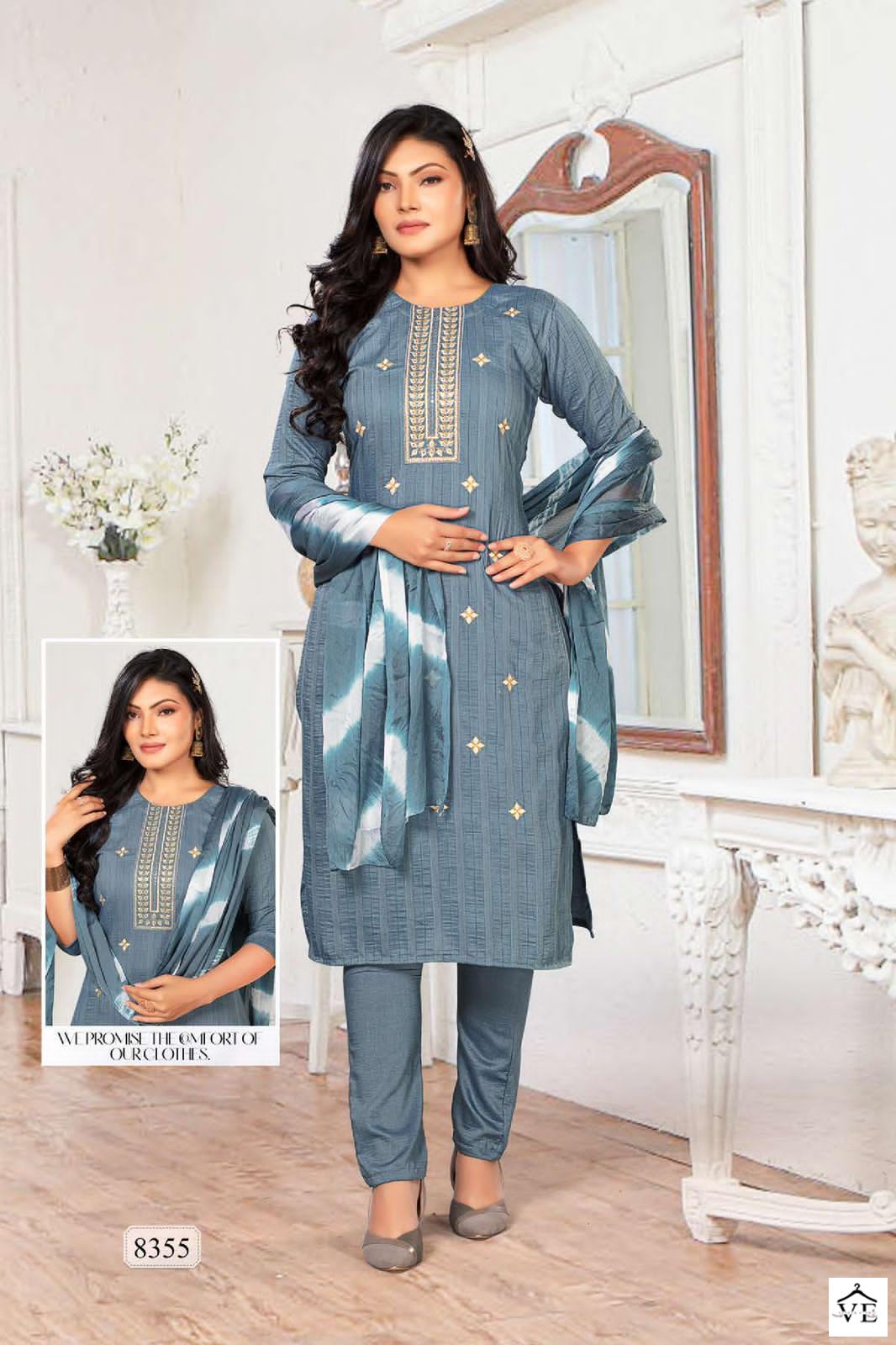 VE Golden Bella Vol 2 Pure Silk Chinon Wholesale Readymade Suit Catalog — Wholesale Salwar Suits, MPA wholesale from Surat - Gallery Image 6
