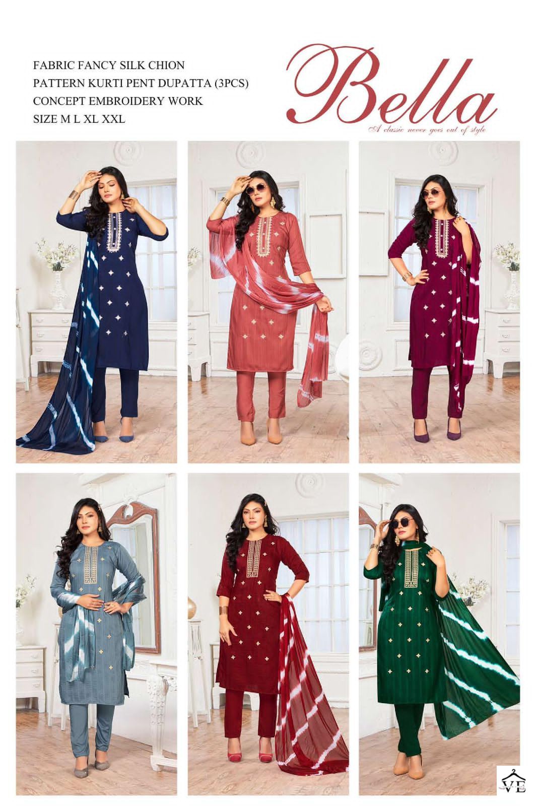 VE Golden Bella Vol 2 Pure Silk Chinon Wholesale Readymade Suit Catalog — Wholesale Salwar Suits, MPA wholesale from Surat — view 7