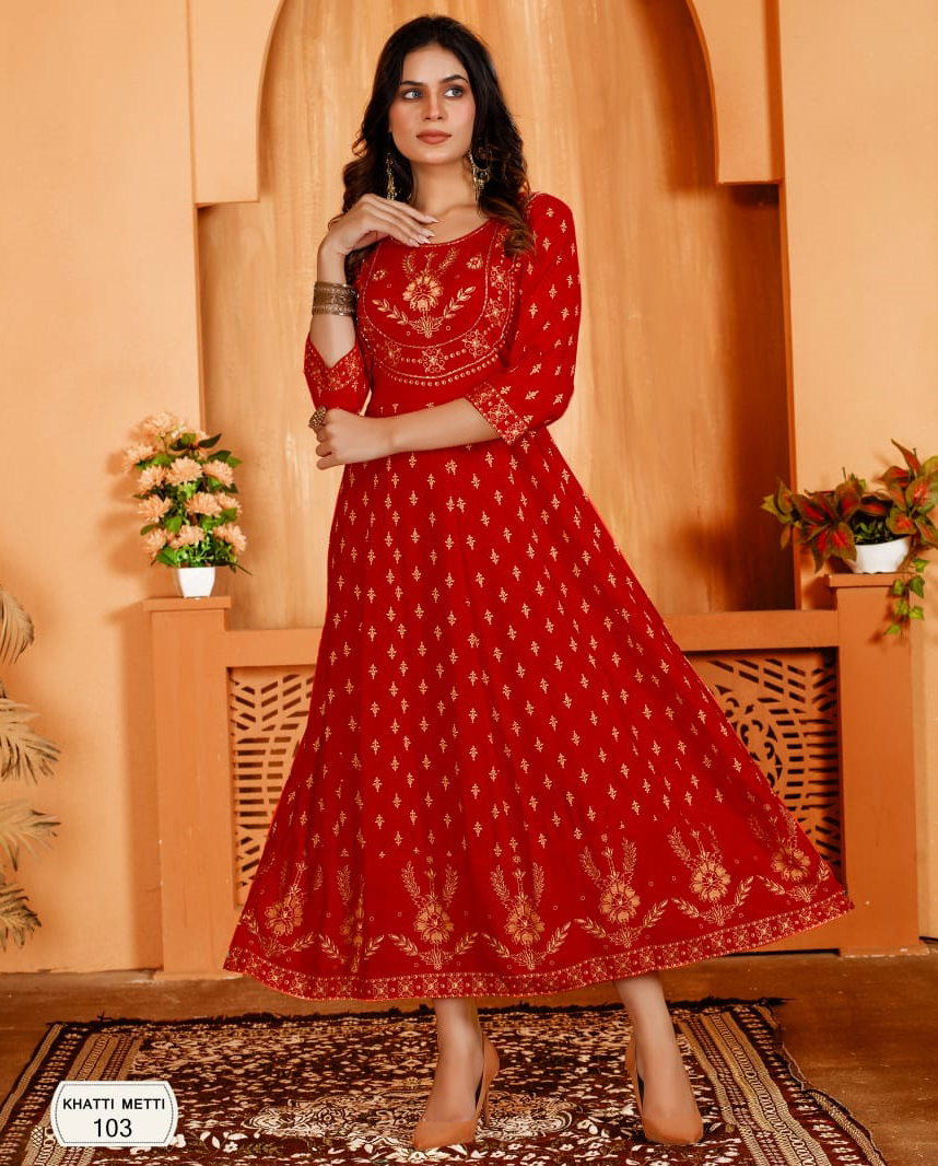 Vardan Ethnic Khetti Metti Heavy Rayon Wholesale Long Gown Catalog — Wholesale Kurtis, MPA wholesale from Surat — view 1
