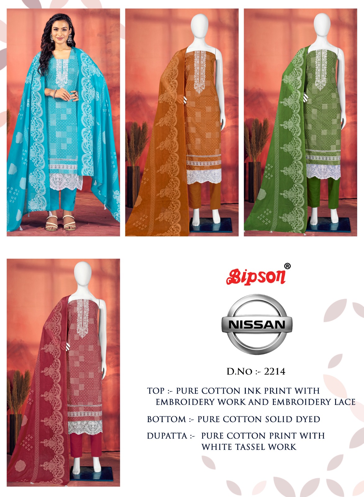 Bipson Nissan 2214 Pure Cotton Wholesale Salwar Suit Catalog — Wholesale Salwar Suits, MPA wholesale from Surat — view 5