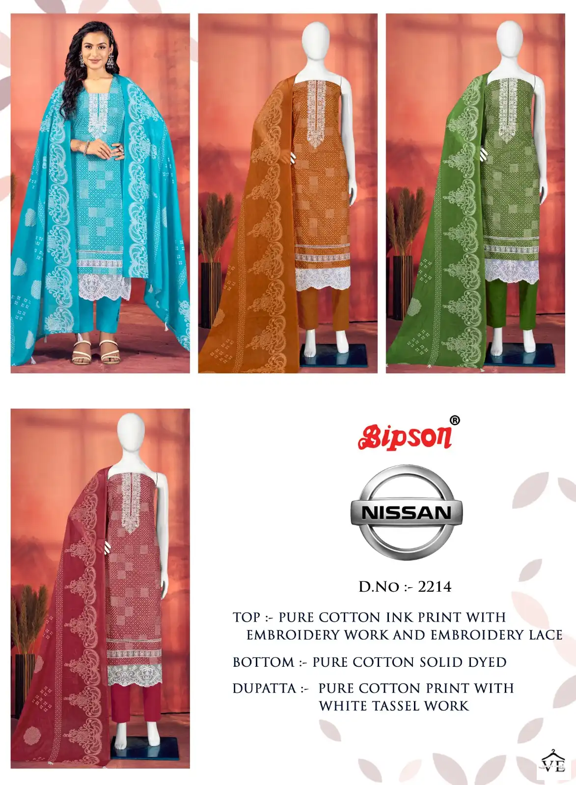 Bipson Nissan 2214 Pure Cotton Wholesale Salwar Suit Catalog — Wholesale Salwar Suits, MPA wholesale from Surat — view 5