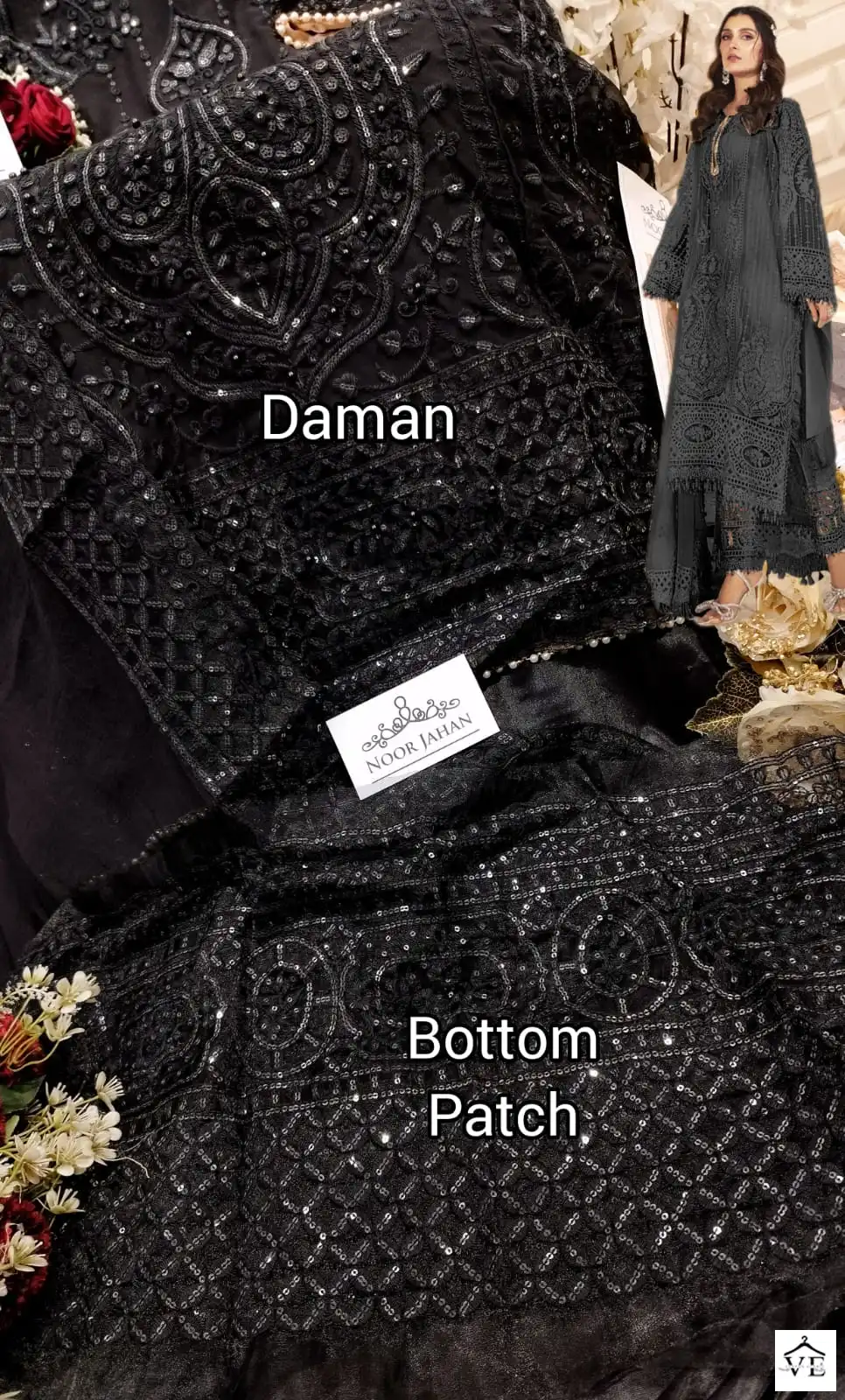 Noor Jahan NJ-18 Black Faux Georgette Wholesale Pakistani Suits — Wholesale Salwar Suits, MPA wholesale from Surat - Gallery Image 2