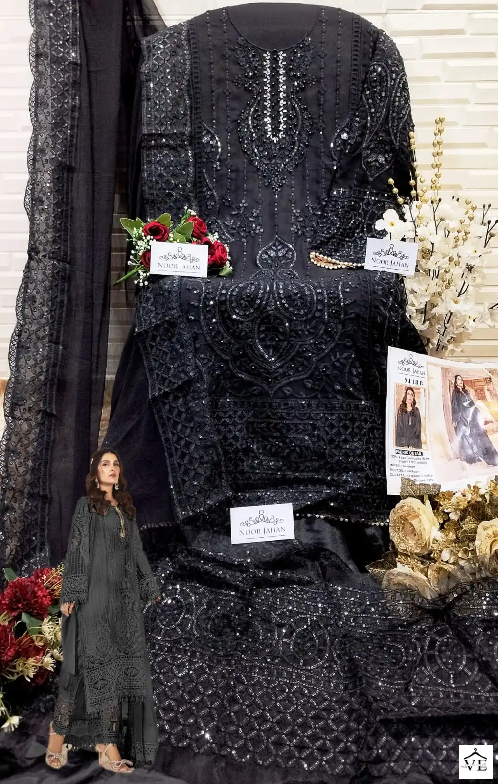 Noor Jahan NJ-18 Black Faux Georgette Wholesale Pakistani Suits — Wholesale Salwar Suits, MPA wholesale from Surat — view 4