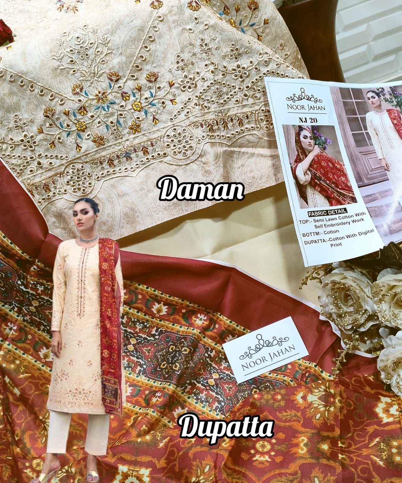 Noor Jahan Nj 20 Semi Lawn Cotton Wholesale Pakistani Salwar Suit Catalog — Wholesale Salwar Suits, MPA wholesale from Surat — view 5