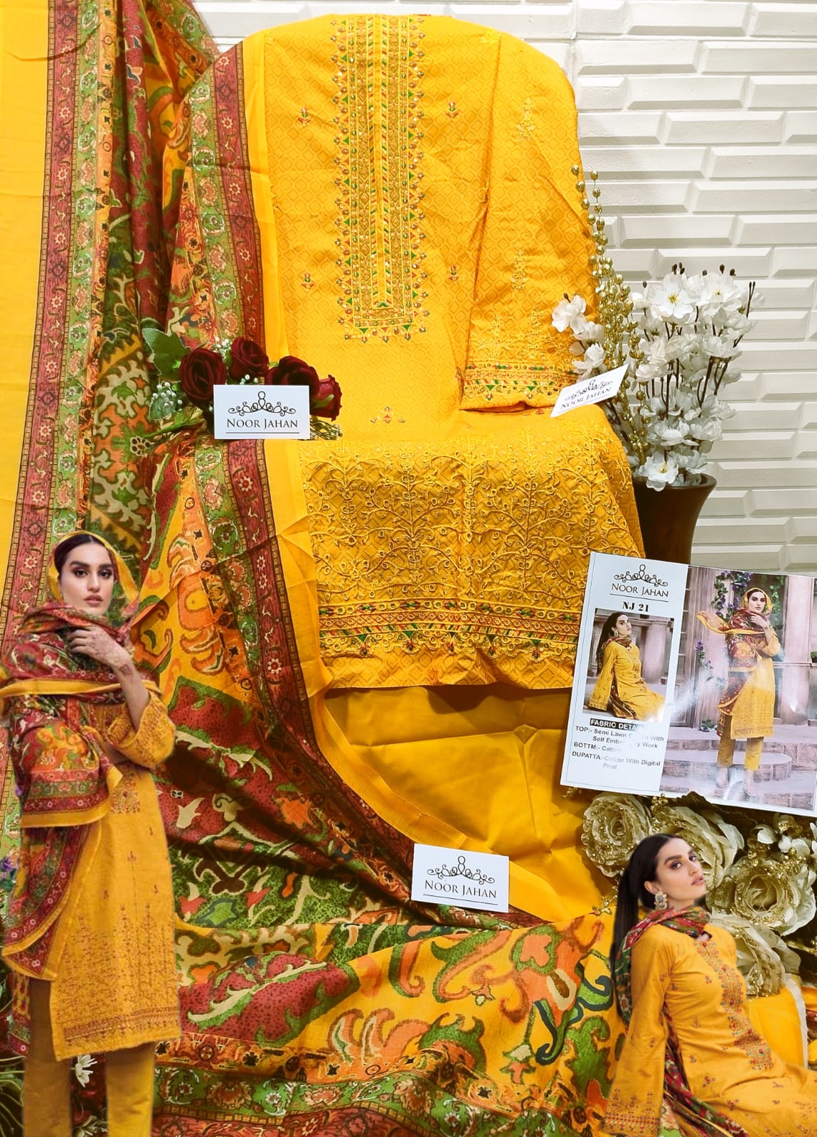 Noor Jahan Nj 21 Semi Lawn Cotton Wholesale Pakistani Salwar Suit Catalog — Wholesale Salwar Suits, MPA wholesale from Surat - Gallery Image 3