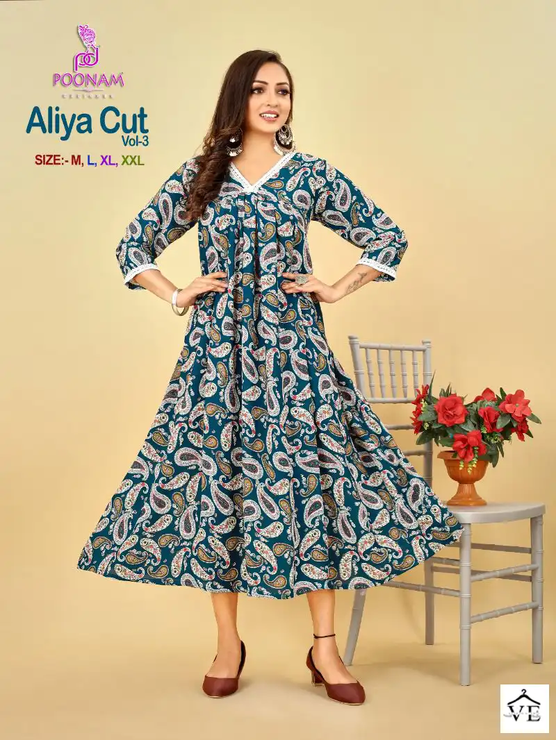 Poonam Aliya Cut Vol 3 Rayon Wholesale Long Kurti Catalog — Wholesale Kurtis, MPA wholesale from Surat - Gallery Image 3