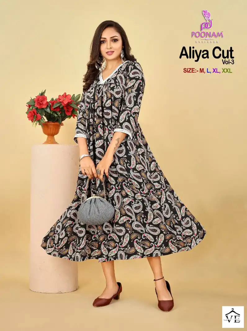 Poonam Aliya Cut Vol 3 Rayon Wholesale Long Kurti Catalog — Wholesale Kurtis, MPA wholesale from Surat - Gallery Image 4